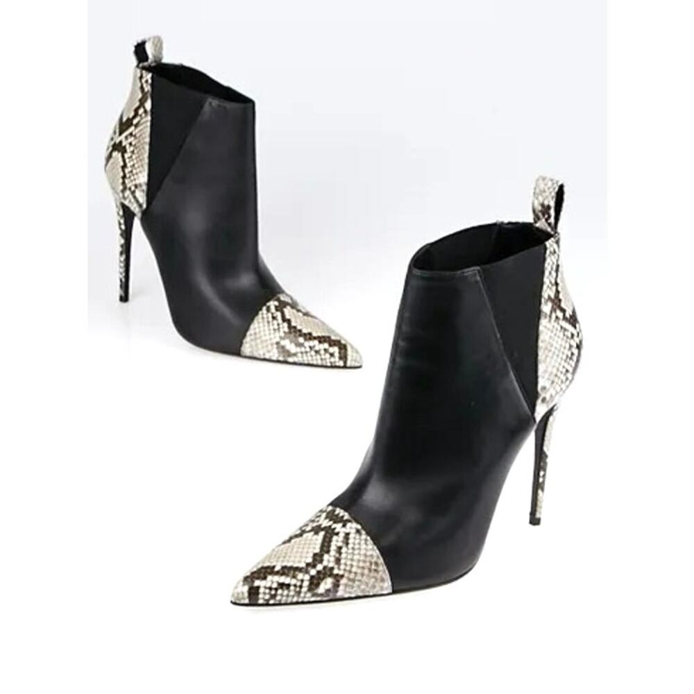 Gucci Black Leather Roccia Python Pointed Toe Stiletto Ankle Boots 39.5